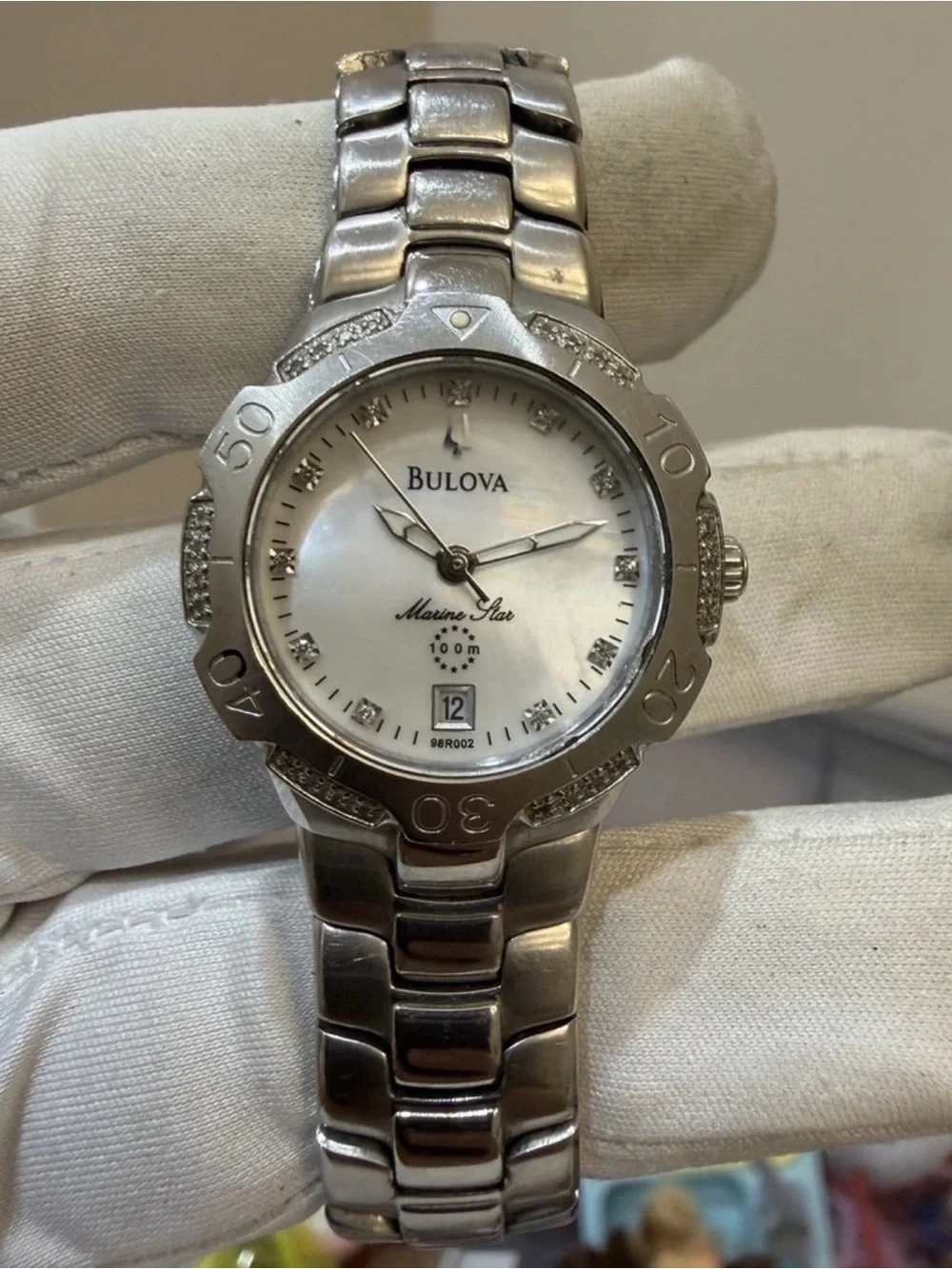 Bulova Marine Star 96R002 Womens Diamond Watch Mother of Pearl Stainless Steel